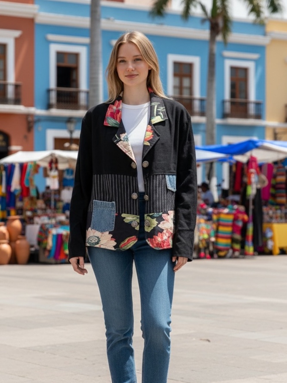 Women’s Vintage Black Floral Pattern Blazer Size Medium